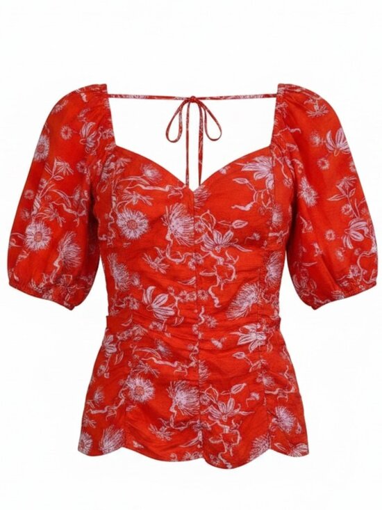 Ava & Viv Tops - Ava & Viv Floral Puff Sleeve Blouse Red White 100% Cotton Women's XXL